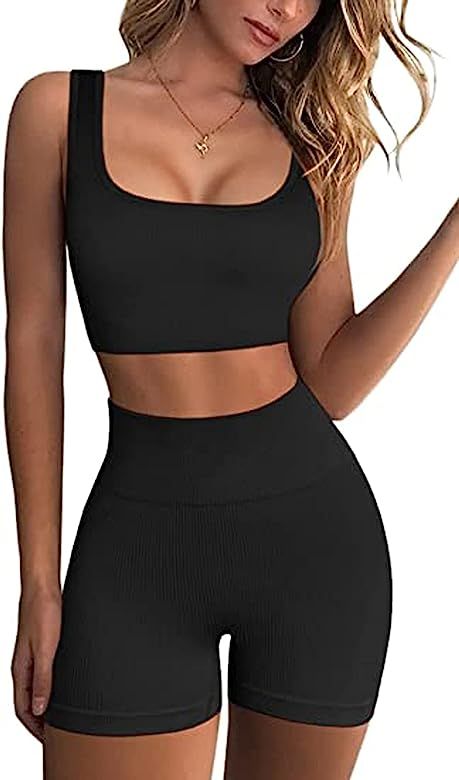 Gym Sets for Women 2 Piece Workout Sets Seamless Ribbed Crop Tank High Waist Shorts Yoga Outfits | Amazon (US)