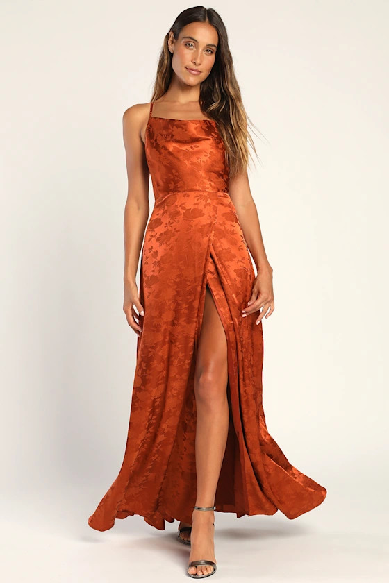 Simply Dreamy Rust Orange Satin Floral Jacquard Maxi Dress | Lulus (US)