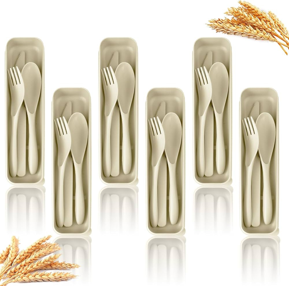 Homienly 6 Sets Wheat Straw Cutlery, Reusable Travel Utensils Set with Case, Wheat Straw Portable... | Amazon (US)