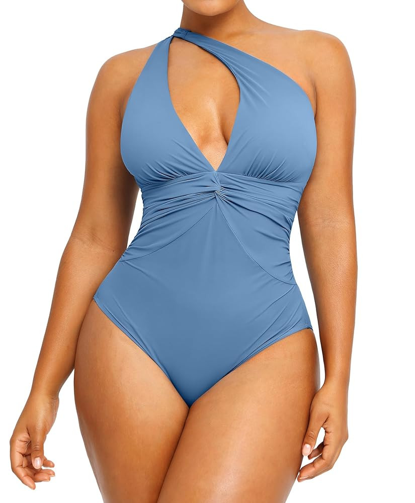 SHAPELLX Women's One Piece Swimsuit Tummy Control Ruched Full Coverage Bathing Suit V Neck Slimmi... | Amazon (US)