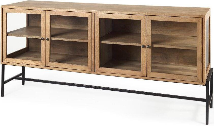 Arelius Light Brown Wood And Black Metal Base With 4 Glass Cabinet Doors Sideboard | 1stopbedrooms