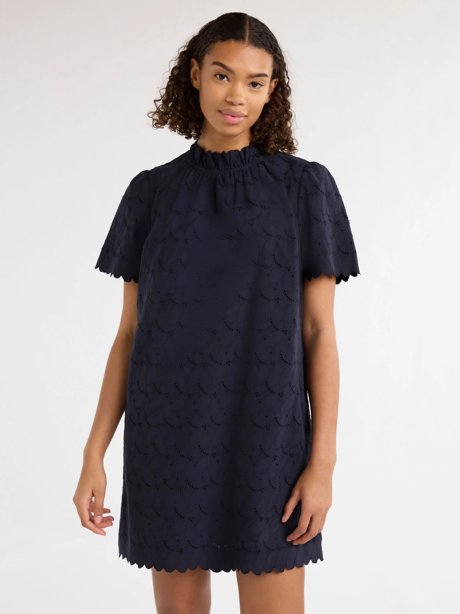 Free Assembly Women’s and Women's Plus Ruffle Neck Cotton Eyelet Mini Dress with Short Sleeves,... | Walmart (US)