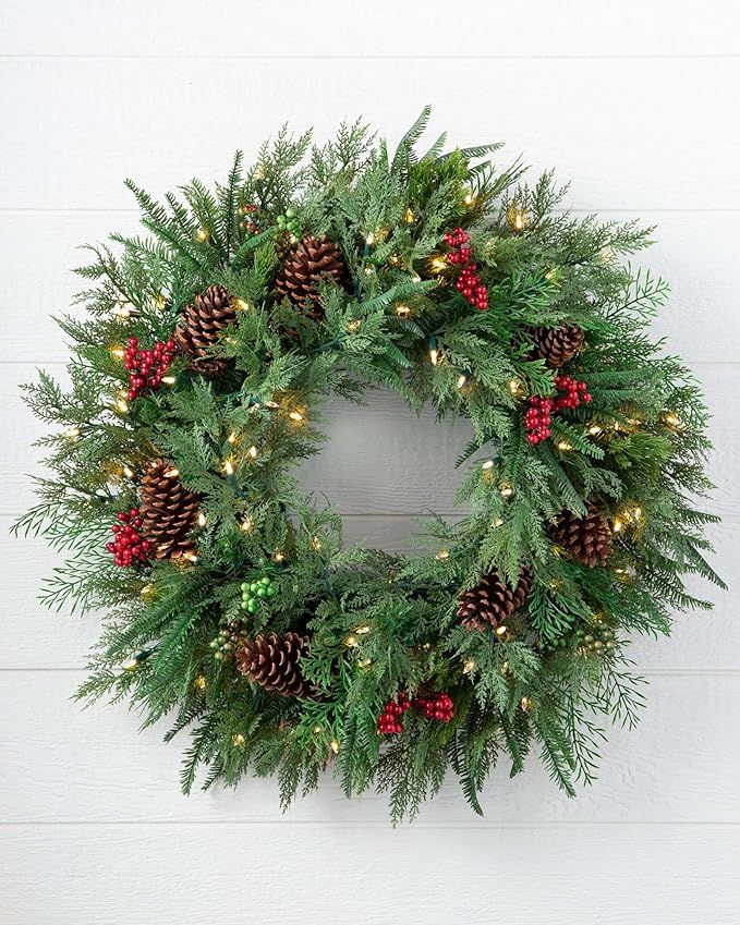Balsam Hill 34 Inch Premium Prelit Winter Evergreen Holiday Artificial Christmas Wreath with Batt... | Amazon (US)
