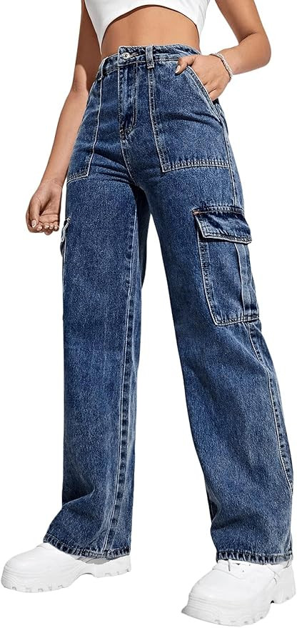 SweatyRocks Women's High Waist Cargo Jeans Flap Pocket Wide Leg Denim Pants | Amazon (US)
