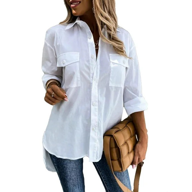 Solid Collar Shirt Long Sleeve White Plus Size Blouses (Women's) | Walmart (US)