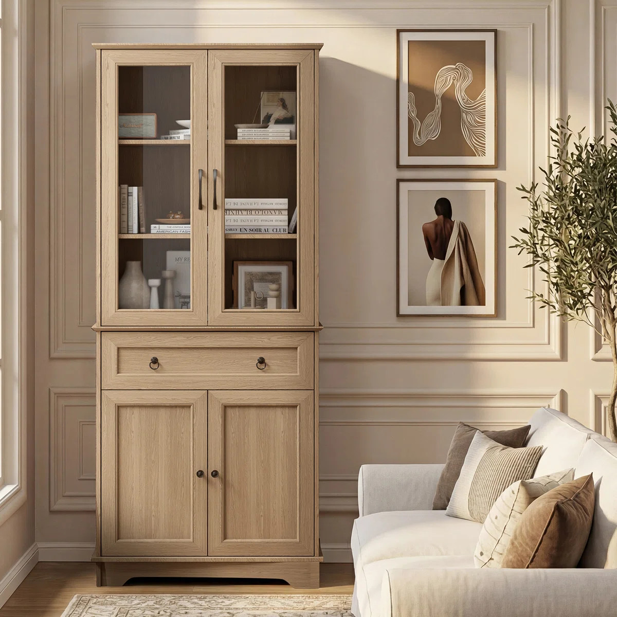 Breakwater Bay  72" Tall Kitchen Pantry Cabinet with Glass Door Farmhouse Storage for Living Room... | Wayfair North America