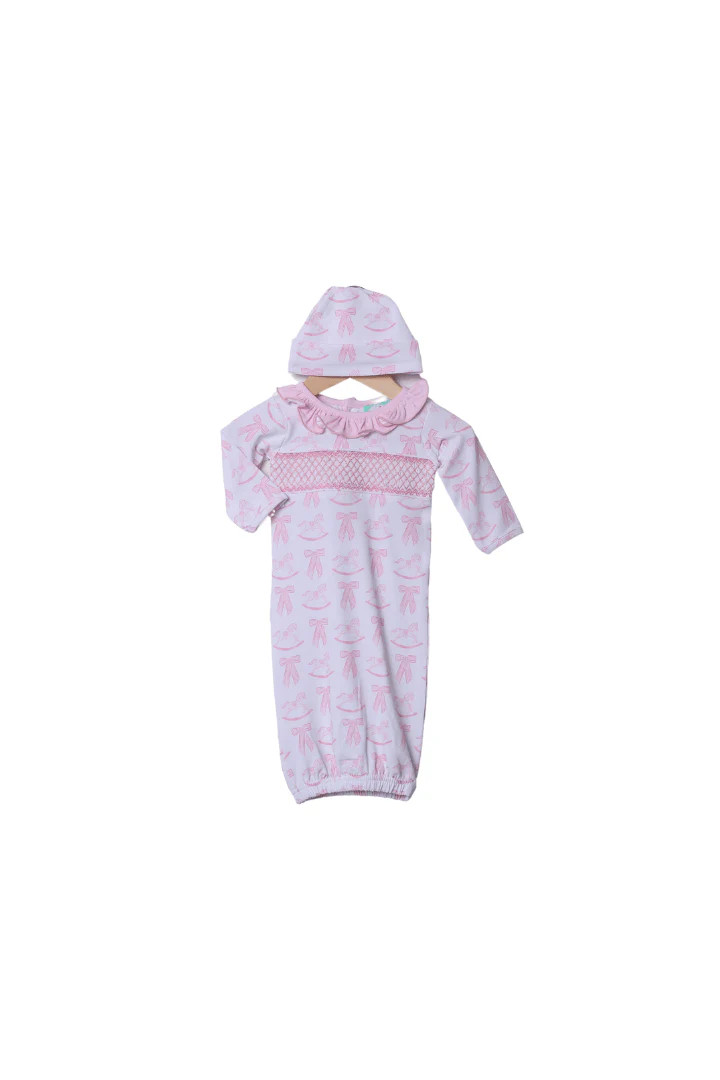 Smocked Heirloom Pink Rocking Horse Layette Gown and Hat Set | The Smocked Flamingo