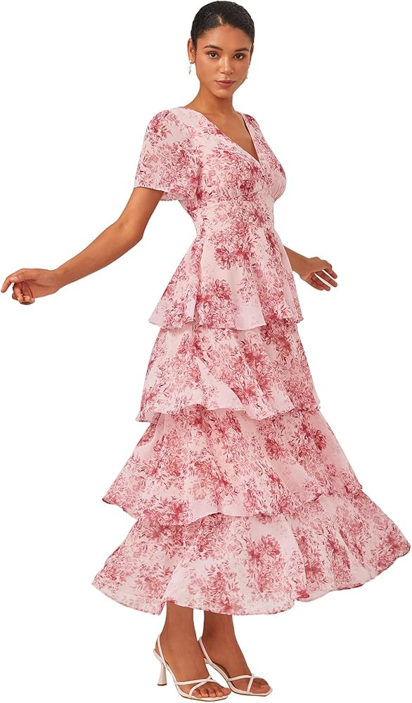 ADOR Women's Floral Summer Empire Waist V Neck Casual Long Flowy Chiffon Maxi Dress Ruffle Tiered... | Amazon (US)