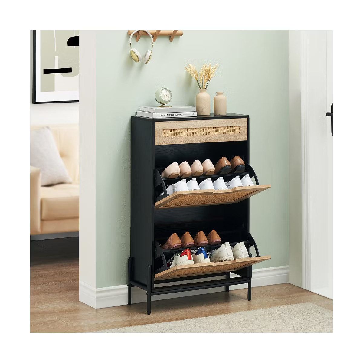 Garvee Natural Rattan 2 Flip Door with 1 Drawer Shoe Cabinet Organizer Freestanding, Shoe Rack St... | Target