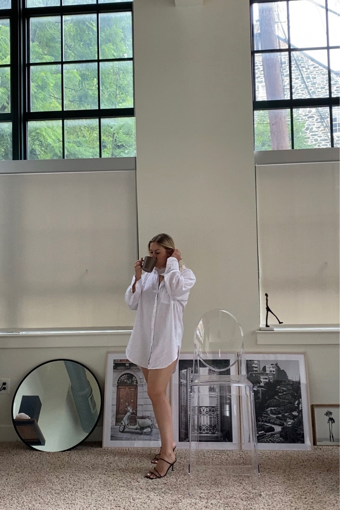 In my oversized button down era. :)  counter stool, linen shirt, & strappy heels linked 

#LTKstyletip #LTKunder50 #LTKhome