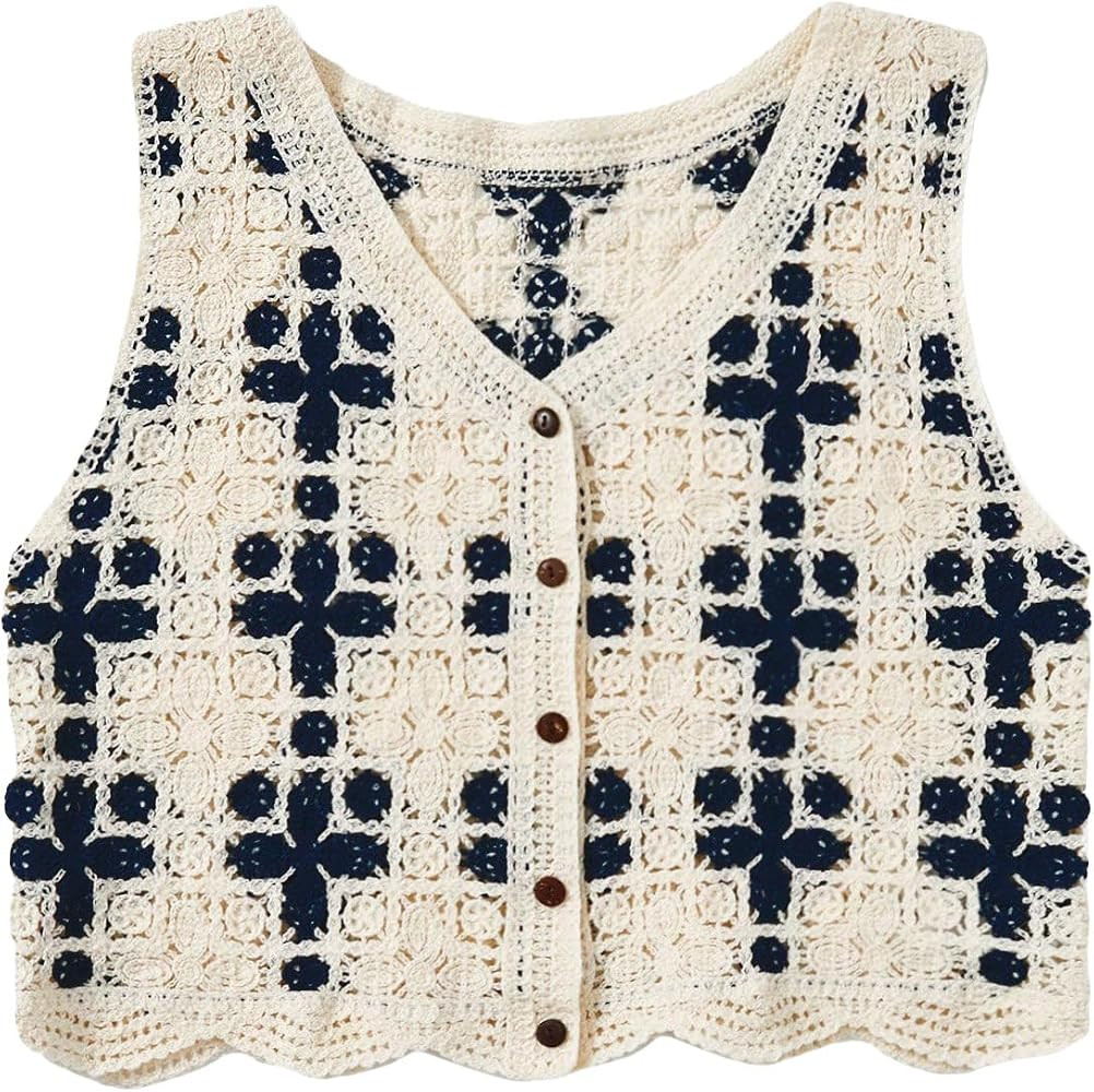 Verdusa Women's Button Front V Neck Sleeveless Checkered Knit Sweater Vest | Amazon (US)
