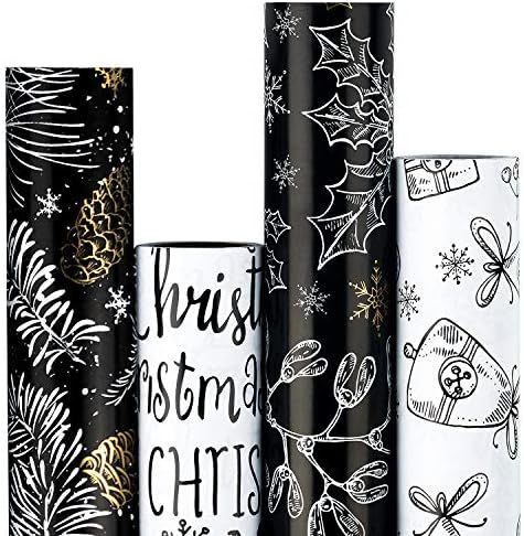 RUSPEPA Christmas Wrapping Paper - Classic Black and White Style Designs - 4 Rolls - 30 inches x 10  | Amazon (US)