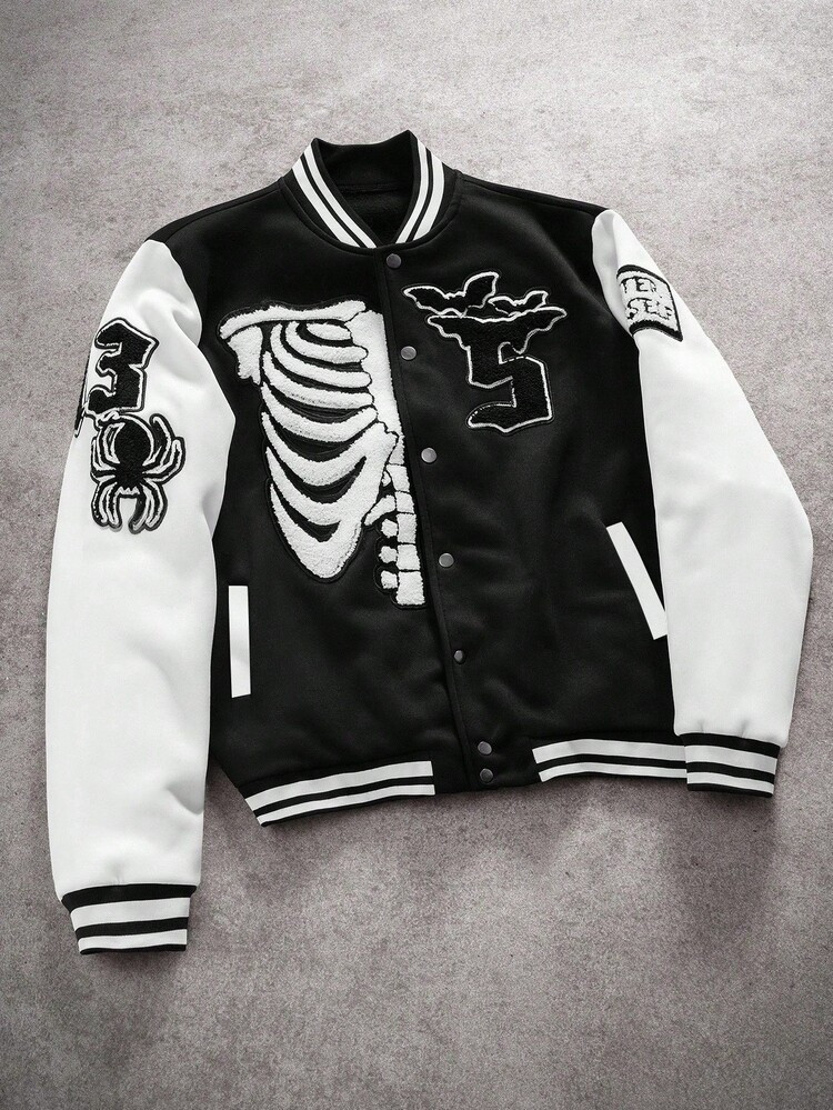 PAVTROS Men's Y2K Number Skull & Bat Embroidered Color-Block Varsity Jacket, Black And White Skeleton Baseball Bomber, Emo Style Winter Outerwear, Halloween & Back-To-School, Fashionable Versatile Gift For Your Boyfriend , Fall | SHEIN