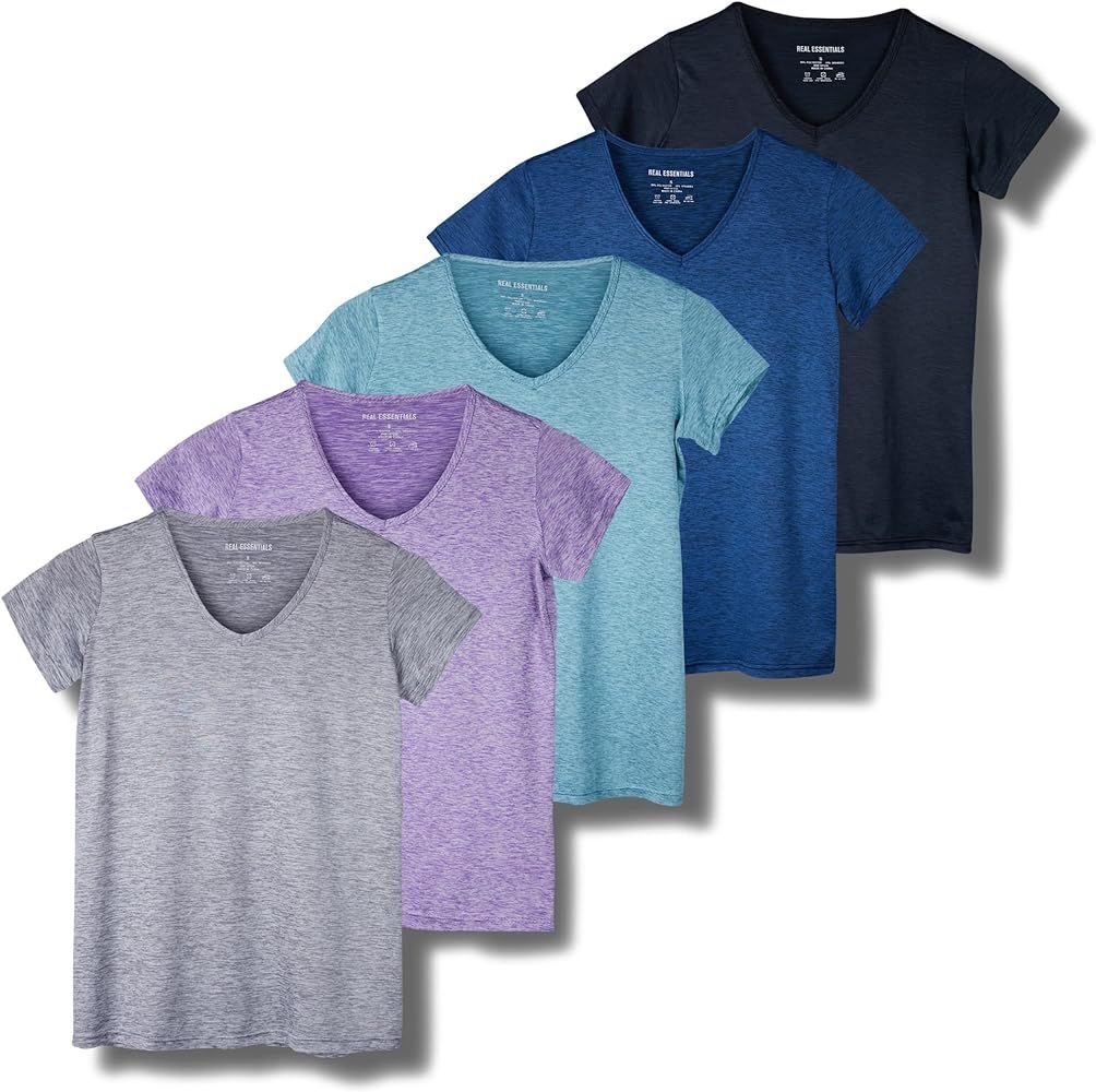 Real Essentials 5 Pack: Women's Short Sleeve V-Neck Activewear T-Shirt Dry-Fit Wicking Yoga Top (... | Amazon (US)