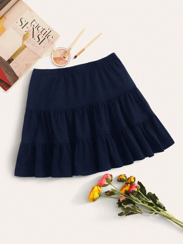 SHEIN WYWH Women's Solid Color Tiered Ruffle Hem Midi Skirt | SHEIN