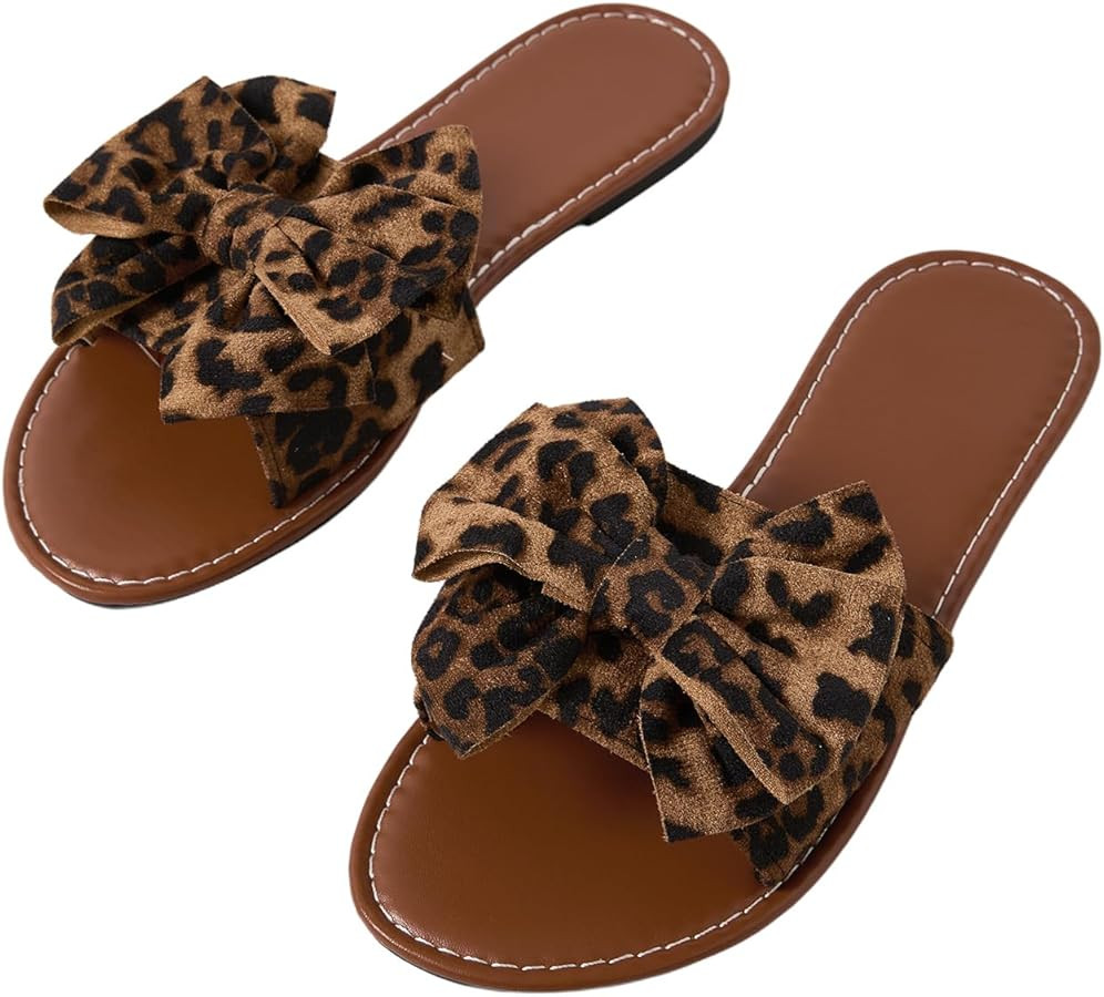 GORGLITTER Women's Bow Cheetah Summer Flat Sandals Leopard Dressy Open Toe Trendy Slide Sandals 2... | Amazon (US)