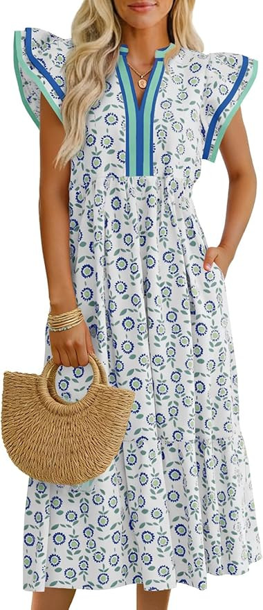 Wenrine Womens Summer Floral Midi Dresses Ruffle Cap Sleeve V Neck Flowy Boho Casual Beach Vacati... | Amazon (US)