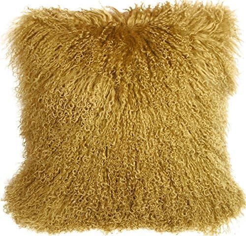 Genuine 100% Tibetan Mongolian Sheepskin Fur Throw Pillow Complete with Pillow Insert (Soft Gold,... | Amazon (US)