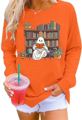 VILOVE Halloween Spooky Sweatshirt Women: Ghost Reading Books Shirt Cute Halloween Teacher Sweatshirt Reading Shirt Orange | Amazon (US)