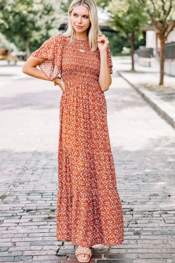 Take A Guess Rust Orange Ditsy Floral Maxi Dress | The Mint Julep Boutique