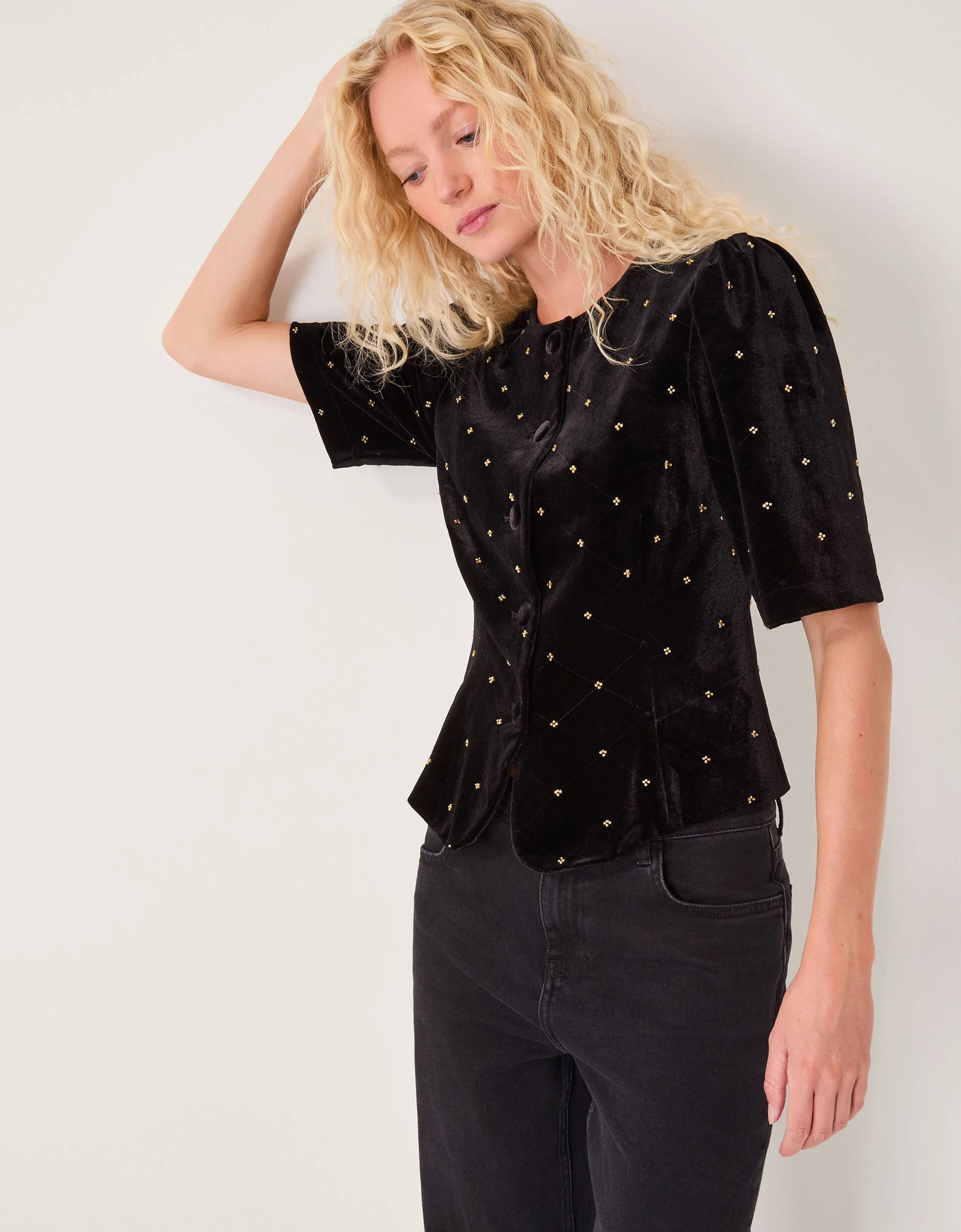 Emma Embellished Velvet Button Top Black | Monsoon (UK)