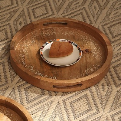 Moda Furnishings Carved Round Wooden Decorative Tray – Natural Wood Serving Platter with Intricate Floral Design | Target