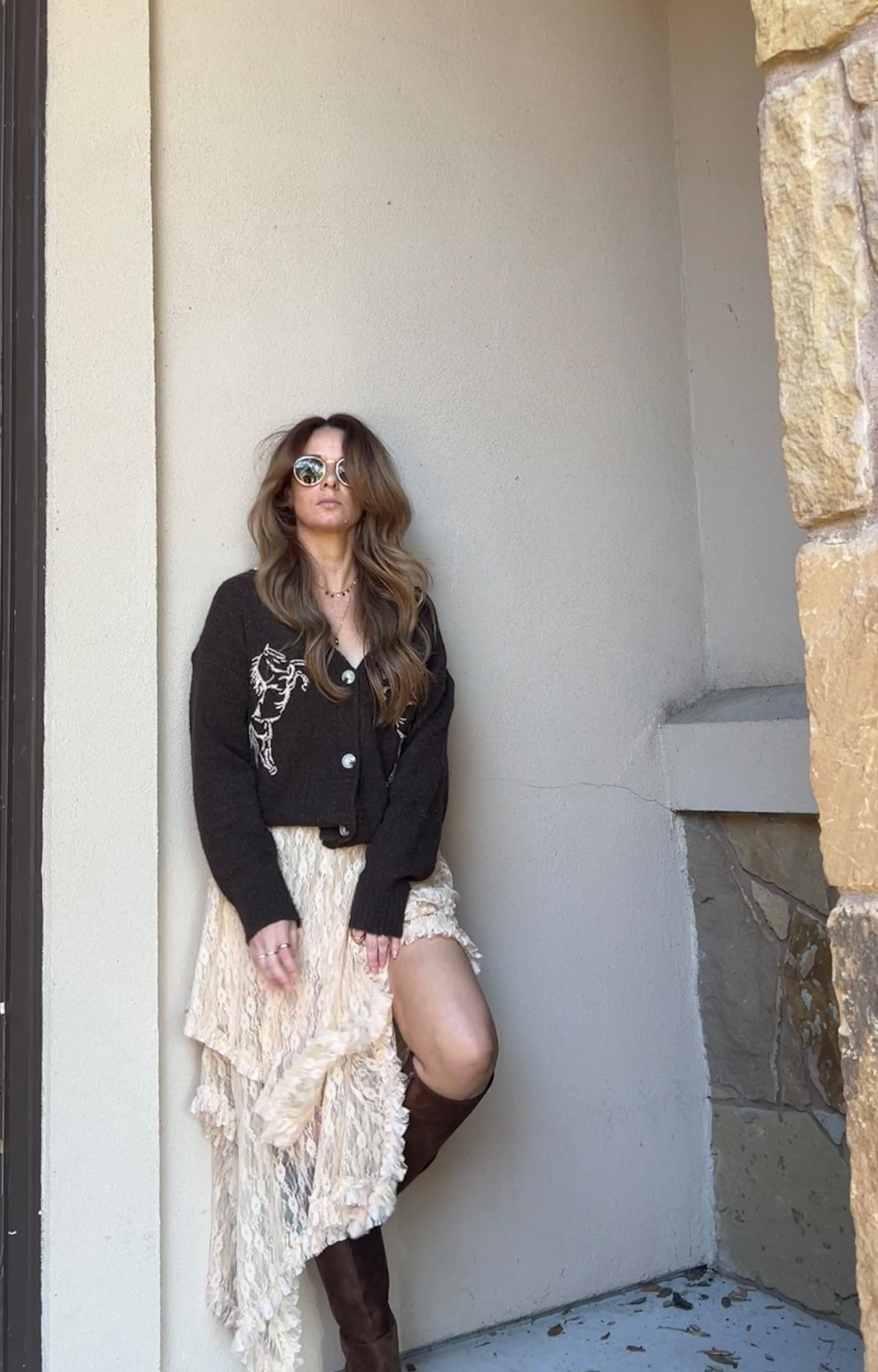 Western style Christmas. 
Free people dupe dress and horse cardigan.
Different shades of brown gives it a nice coordinated look. 

#LTKHoliday #LTKPetite #LTKootd