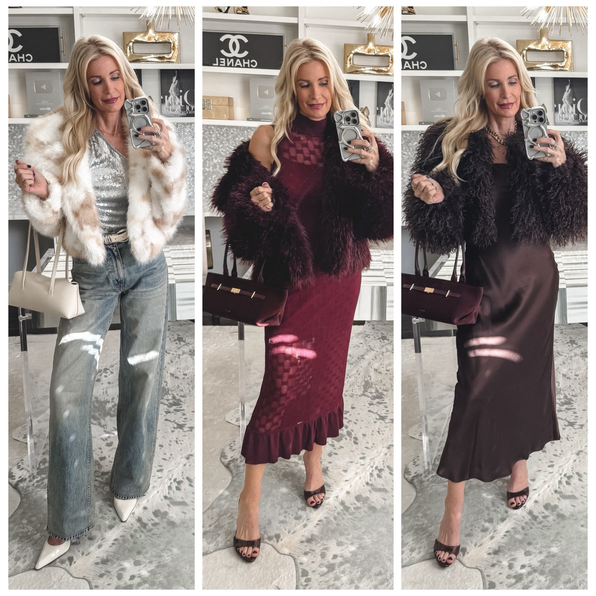 ✨ 3 Unexpected New Year’s Eve Looks I’m Loving ✨

Who says NYE has to be predictable? These three looks are chic, fun, and a little unexpected—and all perfect for ringing in the New Year in style 🥂

Look 1: A silver sequin one-shoulder top because… it’s New Year’s Eve—sequins are basically mandatory, right? ✨ I dressed it down with baggy jeans and topped it off with this gorgeous white and tan faux fur jacket for a cool-girl twist.

Look 2: A monochromatic chocolate brown moment 🤎 This strapless slip dress is so classy and elegant, and the matching cropped faux fur jacket takes it to the next level. I added my favorite burgundy handbag for a pop of color—so good.

Look 3: This stunning burgundy sheer dress with the most perfect fit. I’m obsessed with the sheer detailing, and the matching burgundy faux fur makes it feel extra luxe and festive.

✨ Everything runs true to size: I’m wearing an XS in both dresses, tops, and jackets, and a 24 in the denim.

Which look would you wear for New Year’s Eve? 🎉💫

#NewYearsEveStyle #NYEOutfits #Over40Style #UnexpectedStyle #HolidayOutfits #FauxFurFashion #FashionOver40 #SoHeatherBlog



#LTKootd #LTKFindsUnder100 #LTKHoliday