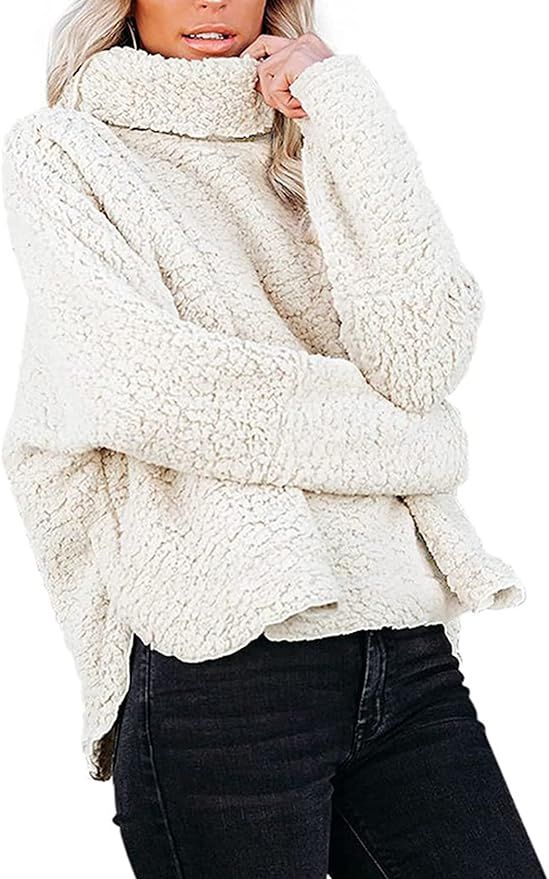 CXINS Women's Long Sleeves Turtleneck Oversized Pullover Sweater Winter Sherpa Fuzzy Fleece Warm ... | Amazon (US)