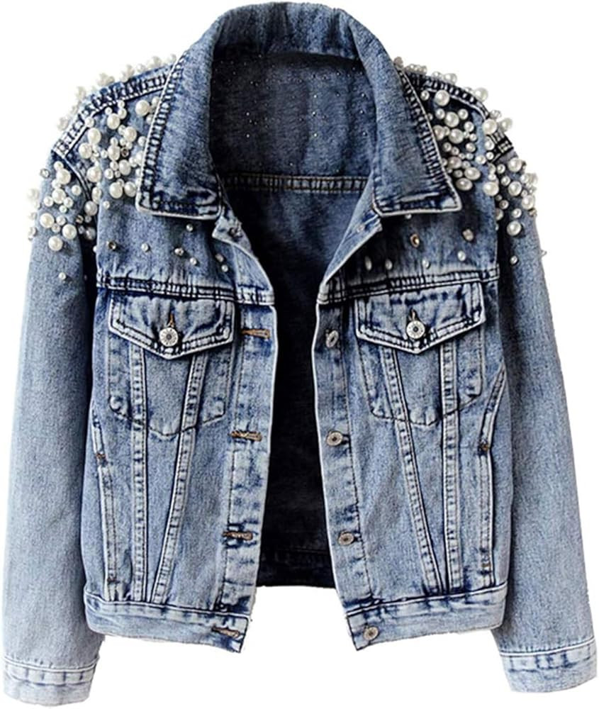 FantasyGears Women's Jeans Jacket Rhinestone Pearl Denim Jacket Embroidered Oversized Plus Size J... | Amazon (US)