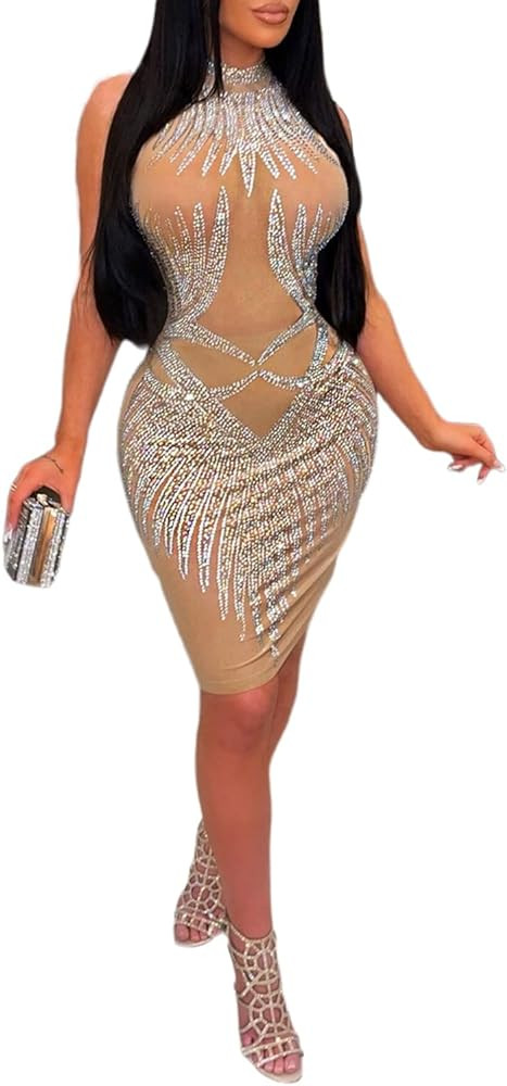 PORRCEY Women's Sexy Elegant Rhinestone Sleeveless Party Club Night Hot Drilling Clubwear Evening... | Amazon (US)