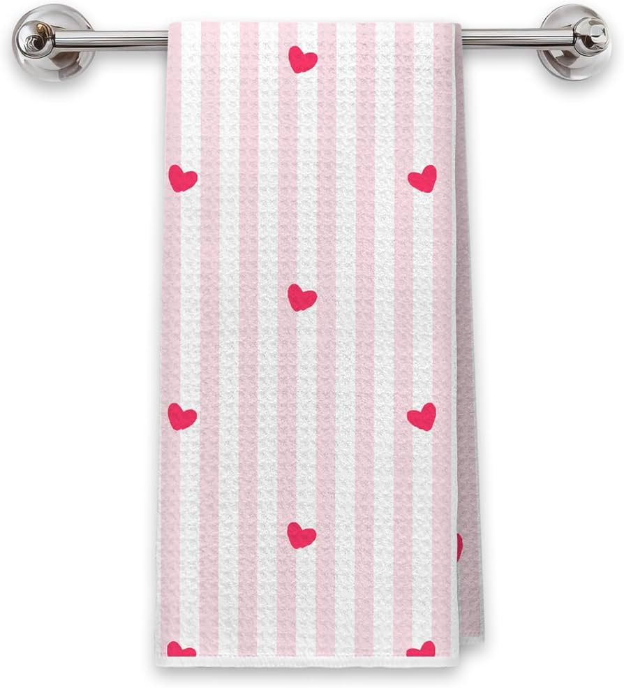 Pink Hearts Valentine's Day Love Hand Tea Towels for Bathroom Kitchen Decor, Pink and White Strip... | Amazon (US)