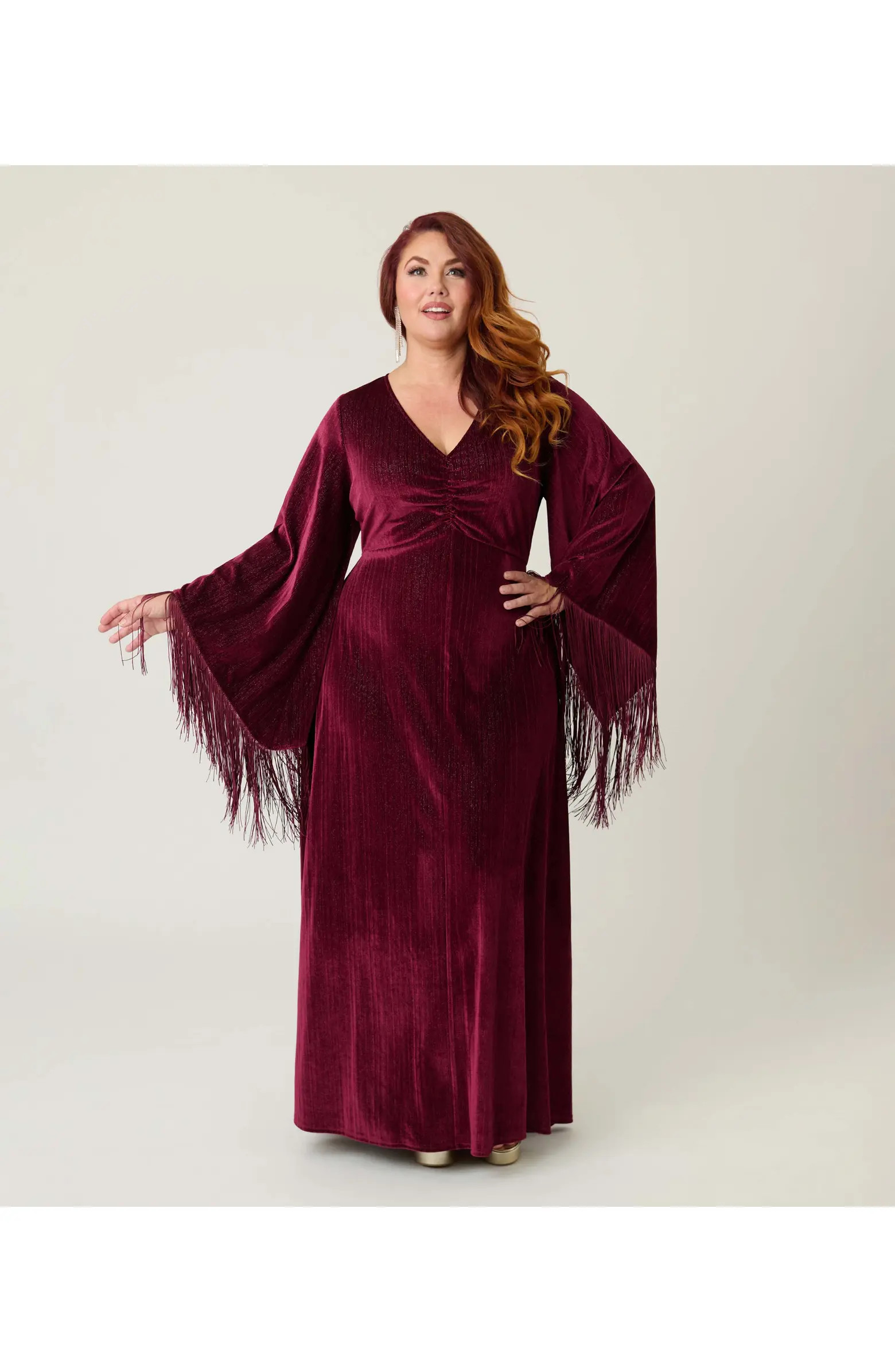 Plus Size Fringed Long Bell Sleeved Ruched Maxi Dress | Nordstrom