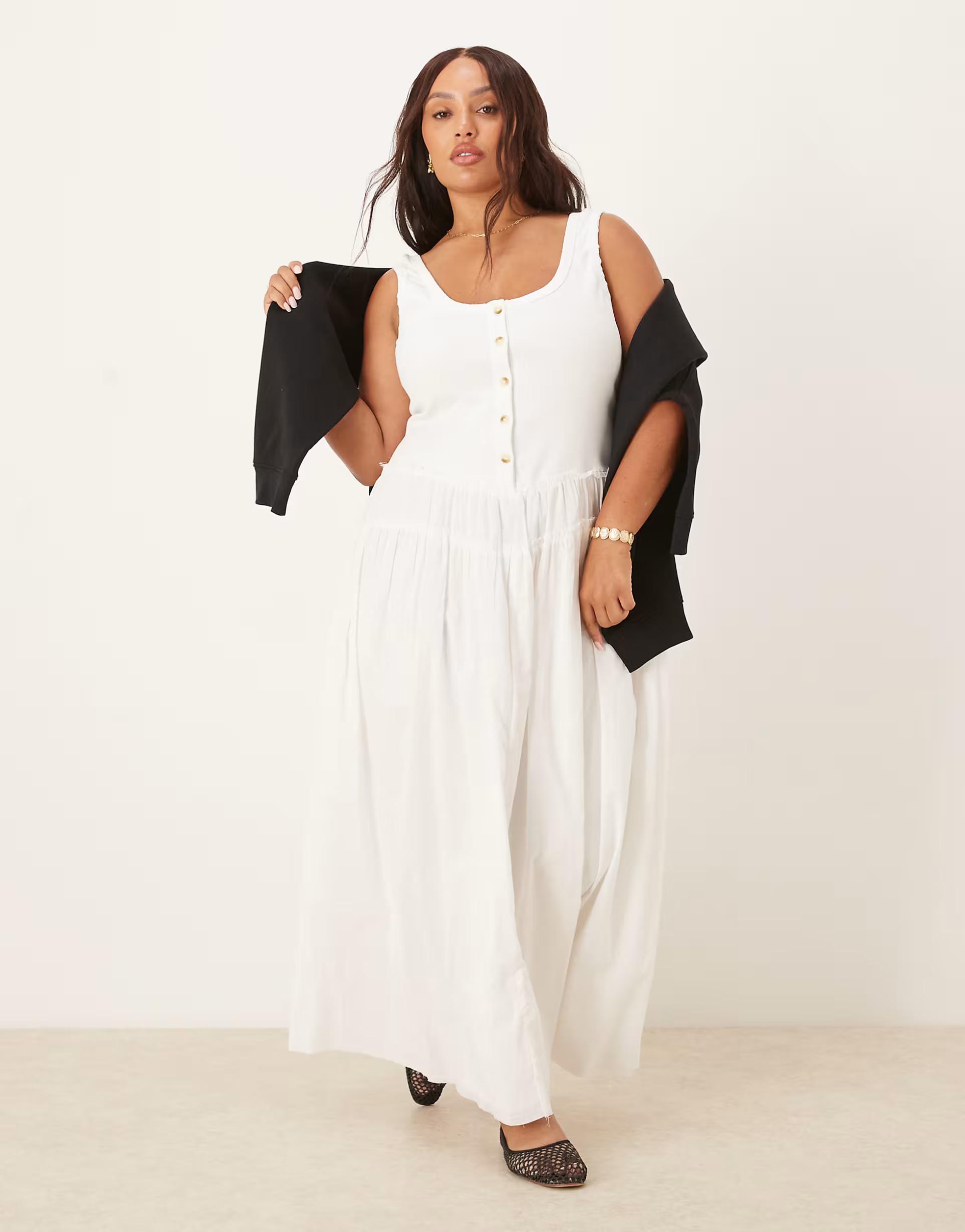 ASOS DESIGN Curve scoop button ribbed bodice with poplin skirt maxi dress in white | ASOS (Global)