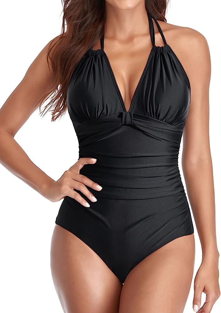 Tempt Me Women One Piece Swimsuits Tummy Control Sexy Bathing Suits Halter Ruched Swimwear | Amazon (US)