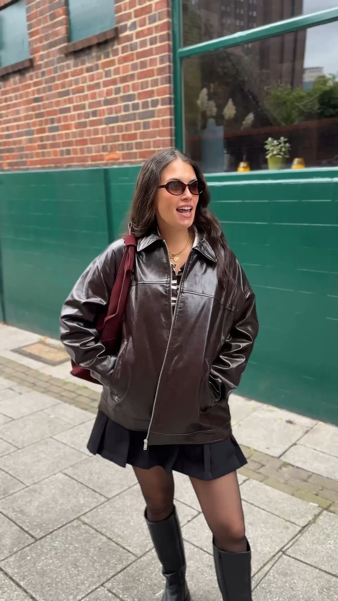 What I wore for a press day in London  🖤🫶🏼 
Rugby shirt, pvc jacket, pleated skirt, stripes, brown top 

#LTKFashionMonth #LTKuk #LTKautumn