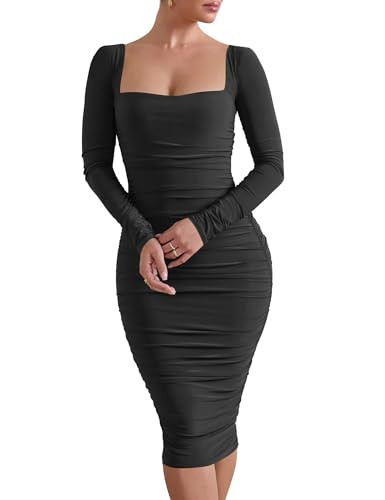 HOCILLE Women's Sexy Long Sleeve Bodycon Square Neck Ruched Cocktail Party Midi Dresses, Small, Black | Amazon (US)