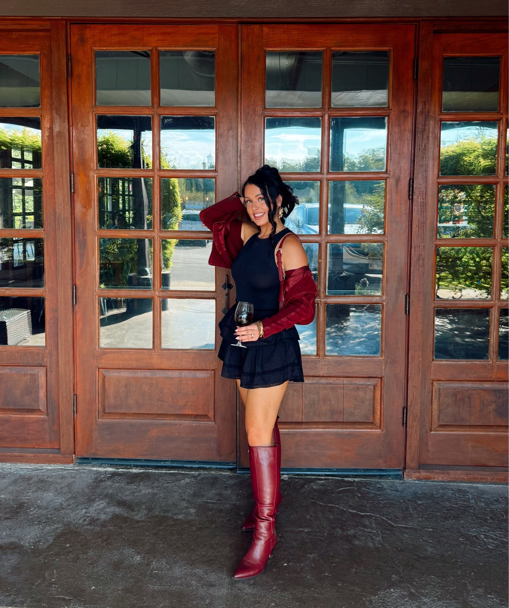 head to toe Amazon outfit with burgundy details : wearing a medium in the black skirt, black bodysuit and the burgundy boots are tts! Also love this burgundy suede jacket  #founditonamazon