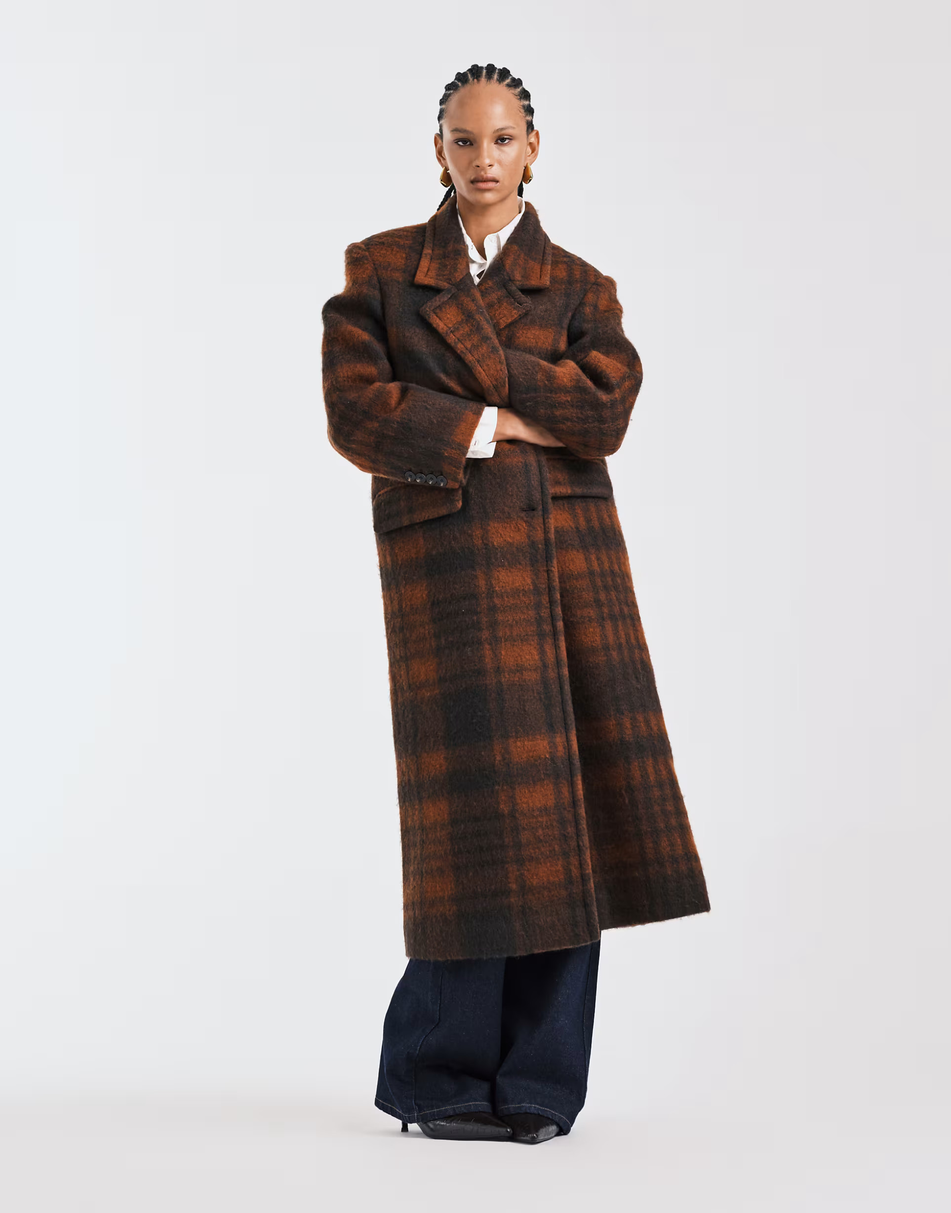 ASOS DESIGN premium brushed wool blend dad coat in brown and orange check | ASOS (Global)