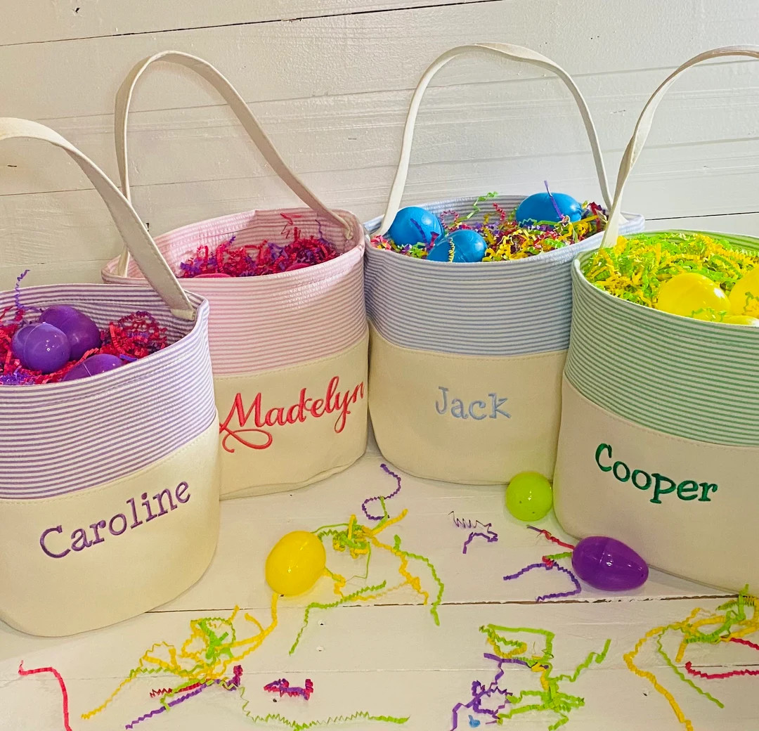 Embroidered Canvas Seersucker Easter Basket, Personalized Gift | Etsy (US)