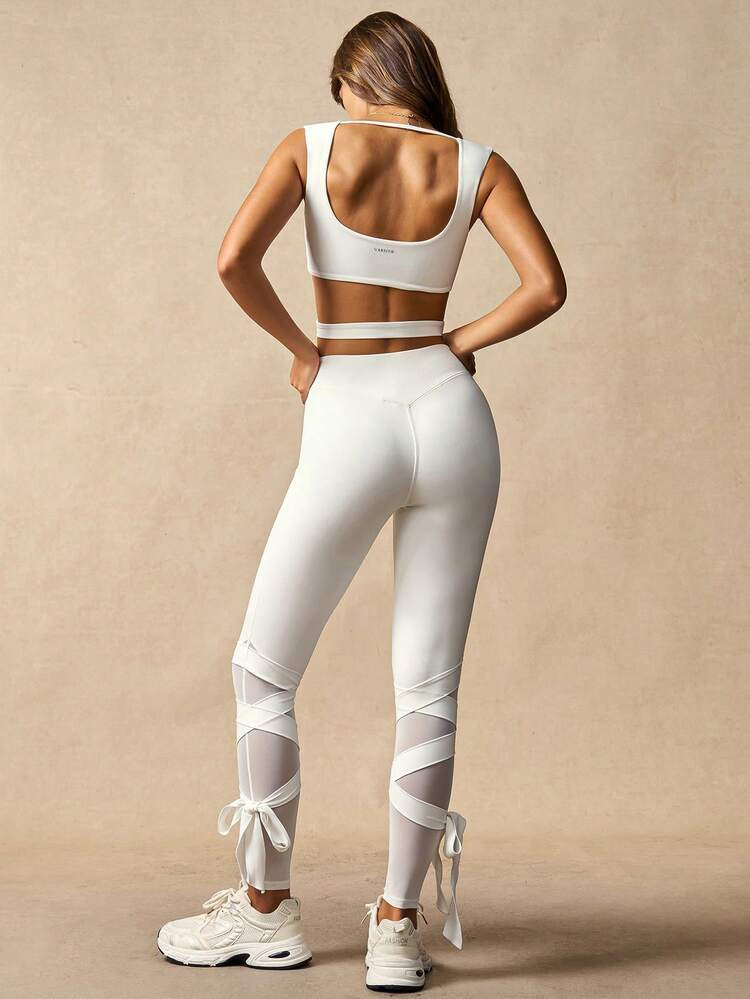 VARSITIE White Backless Sets Women's Workout Set, Ballet-Inspired Design With Mesh Detailing, Crossover And Backless Sports Bra And Crossover Mesh Leggings, Suitable For Yoga, Fitness, Running, Vacation Holiday And Casual. Suitable For Spring, Summer, Autumn, And Winter. | SHEIN