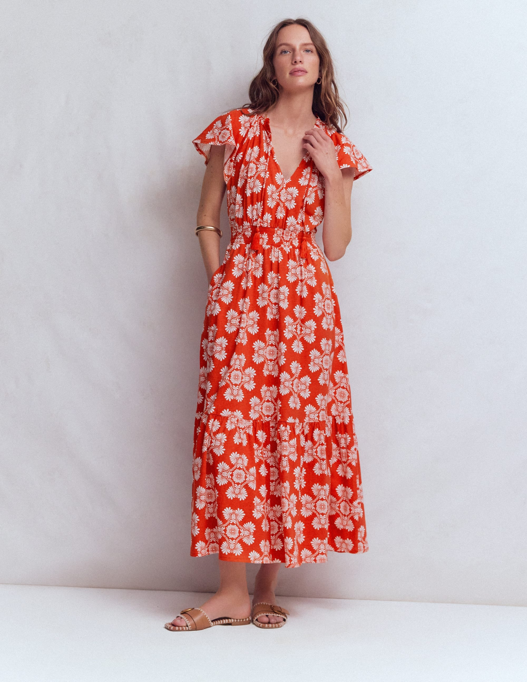 Tala Tiered Jersey Maxi Dress-Blood Orange, Botanical Charm | Boden (US)