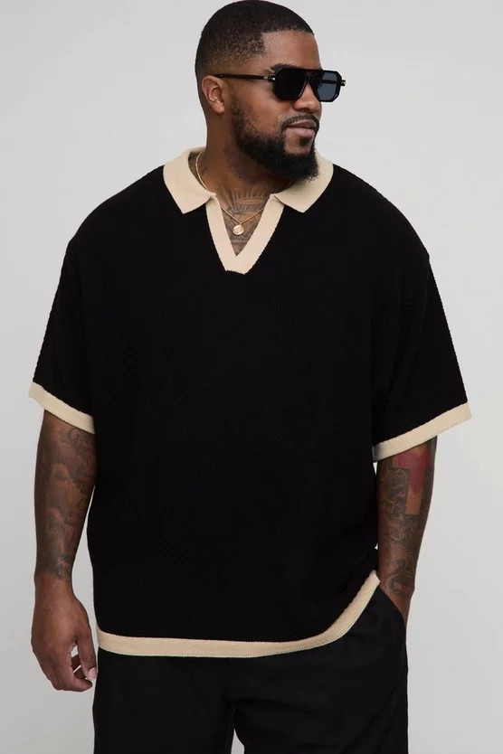 Plus Contrast Knit Oversized Short Sleeve Rugby Polo | boohooMAN (US & Canada)