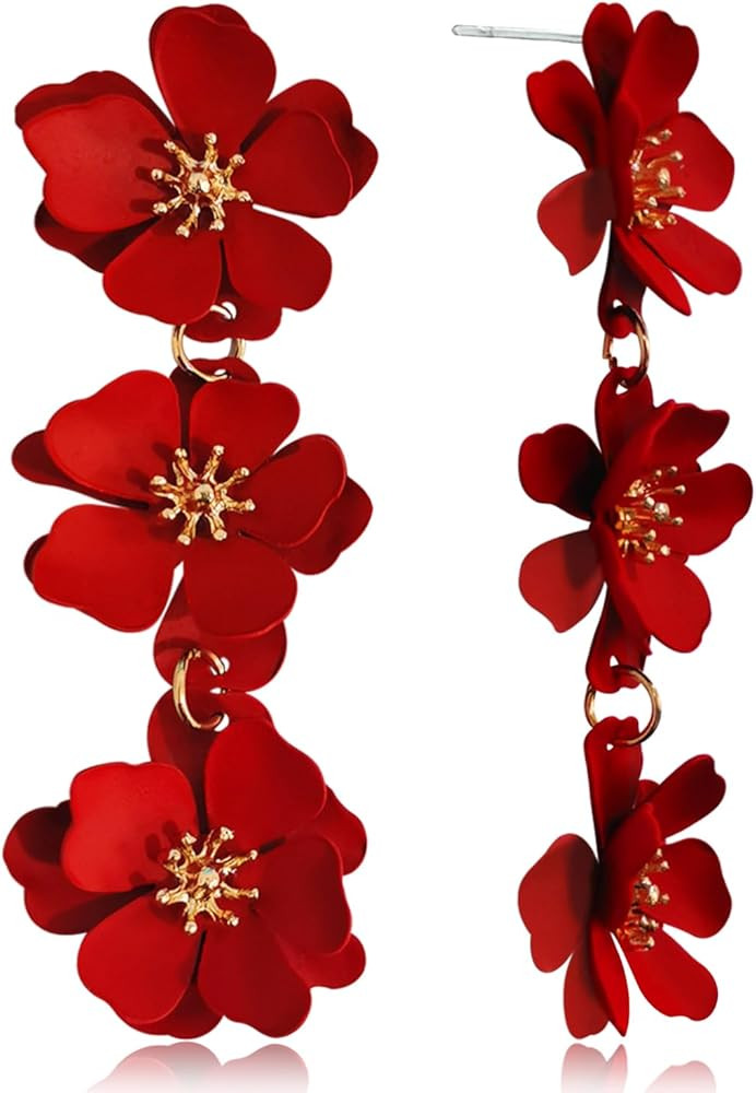 Elegant Bohemian Matte Tiered Triple Flower Dangle Drop Earrings Chic Charm Cute Long Floral Stud... | Amazon (US)