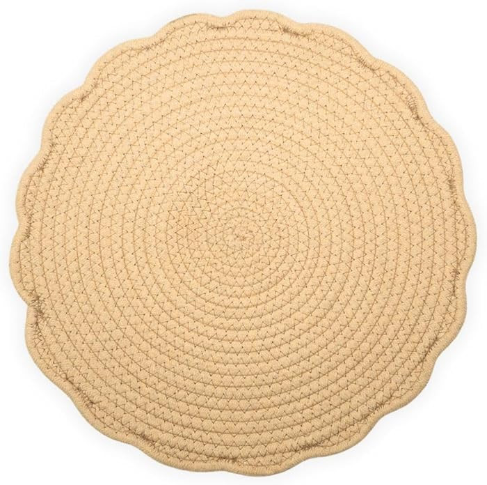 Beige Cotton Scallop Edge Placemats – 15 Inch Round Woven Table Mats, Set of 4 or 6 – Soft Te... | Amazon (US)