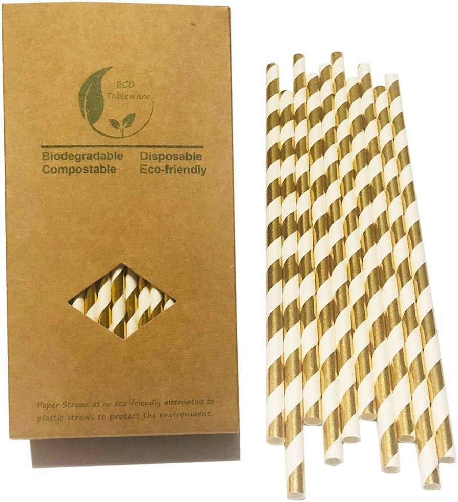 7.75" Biodegradable Gold Paper Straws, Gold Striped Foil Straws Disposable Metallic Gold Paper St... | Amazon (US)