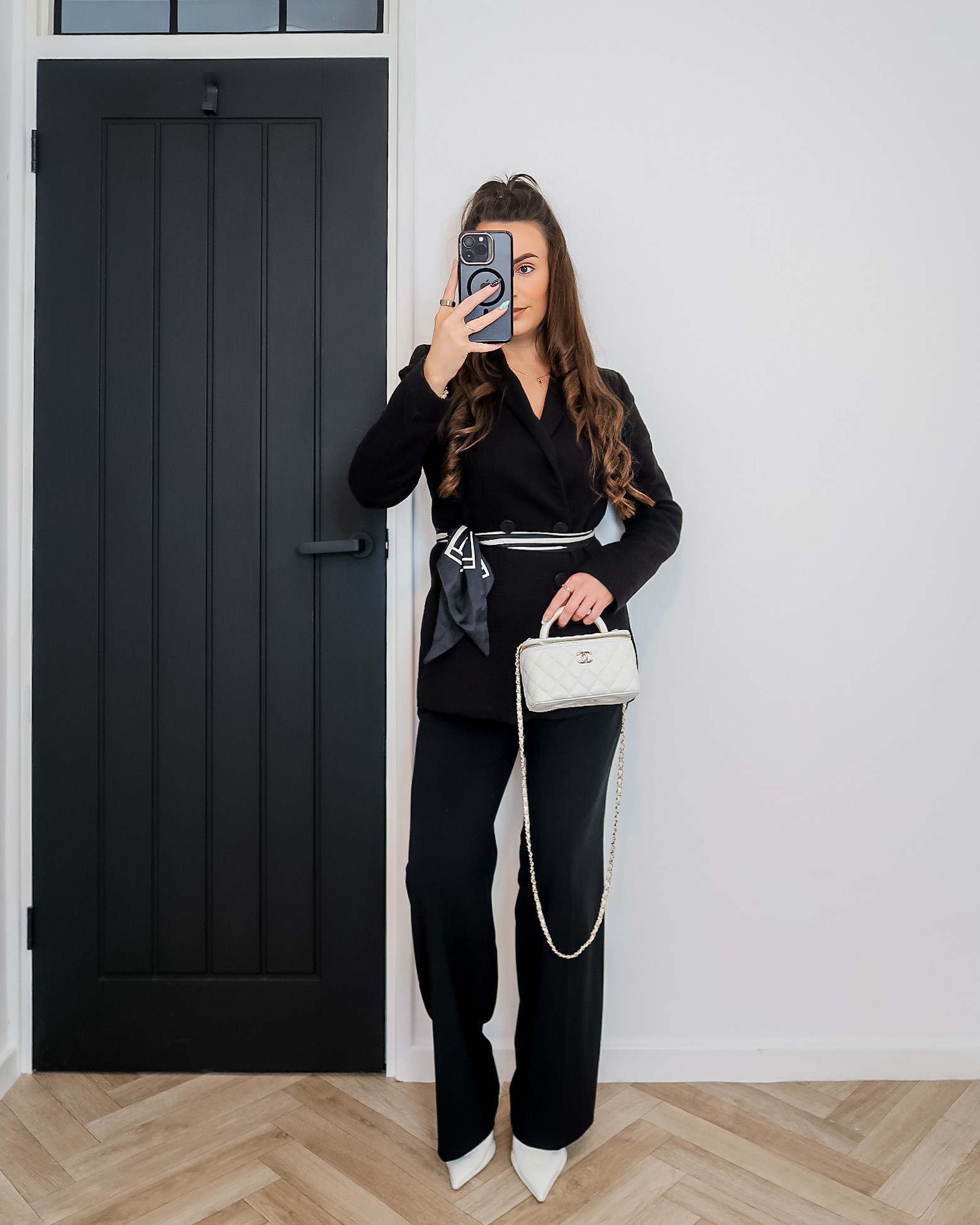 black tailored trousers, Cambridge blazer Saint Sofia, black blazer outfit, monochrome outfit, white prada slingbacks, Chanel vanity bag white, scarf styling waist, classic elegant outfit, old money style, workwear chic 

#LTKeurope #LTKuk #LTKdatenight