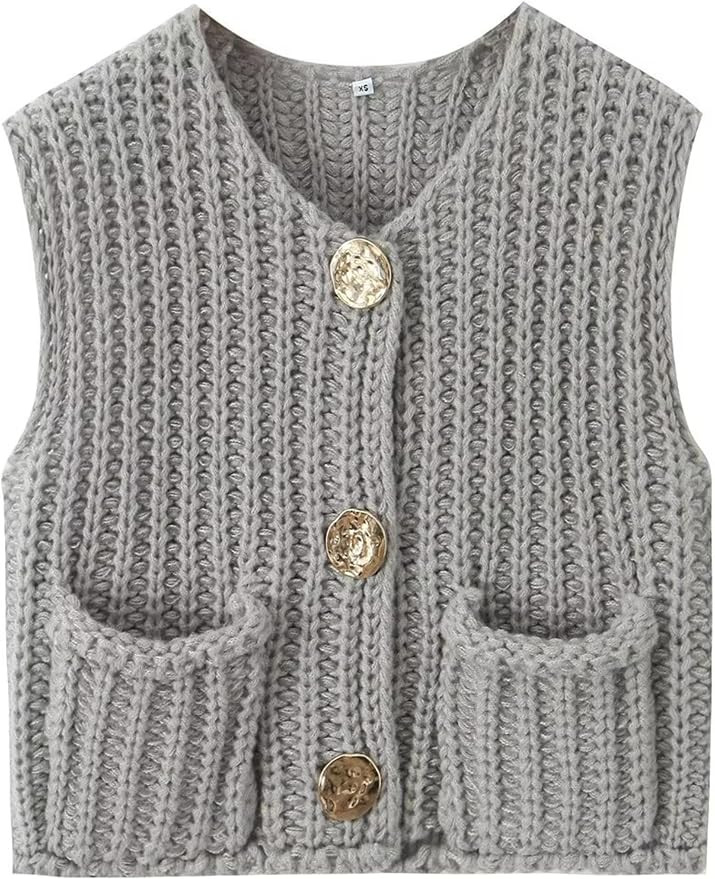 Women's Chunky Knit Vest Button Down Casual Sleeveless Cropped Crochet Sweater Cardigan with Pock... | Amazon (US)