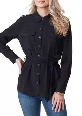 Jessica Simpson Women's Satin Button Down Wrap Top, Black, X-Large | Belk