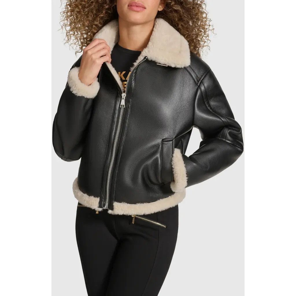 KARL LAGERFELD PARIS Faux Leather & Faux Shearling Bomber Jacket in Black at Nordstrom, Size X-Small | Nordstrom